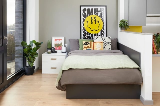Bed with plants framed art and smiley poster bedroom at Battery Park in Birmingham Student Accommodation