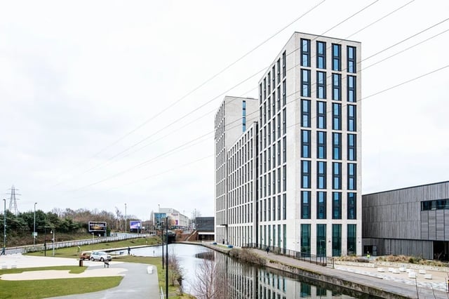 Modern brick building with blue windows exterior at Battery Park in Birmingham Student Accommodation
