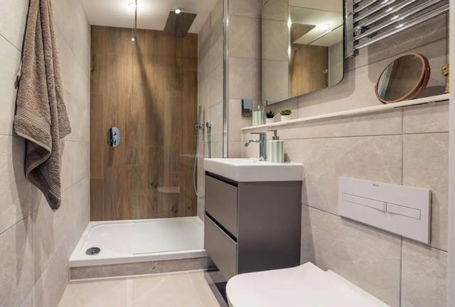 Modern shower sink and toilet bathroom at Yugo Rothesay House in Bournemouth Student Accommodation