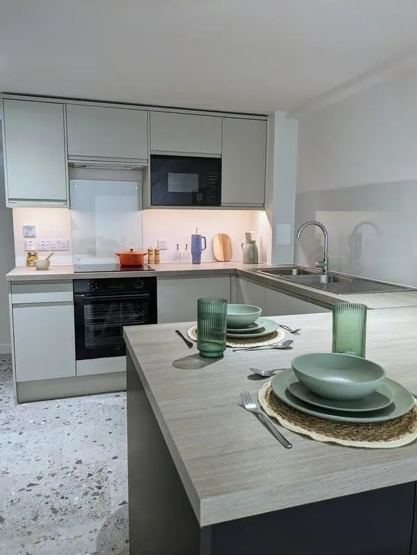 Modern kitchen with island and appliances kitchen at Parklands in Dundee Student Accommodation