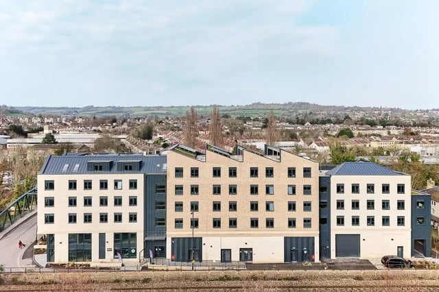 Multi-story building with many windows exterior at Hollis Wharf in Bath Student Accommodation