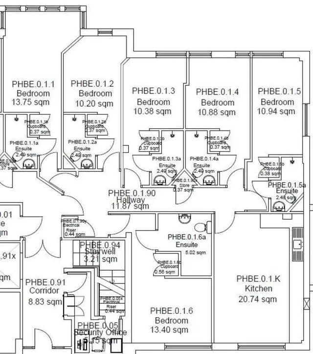 Floor plan showing bedrooms and kitchen floor plan at Pin Hill in Canterbury Student Accommodation