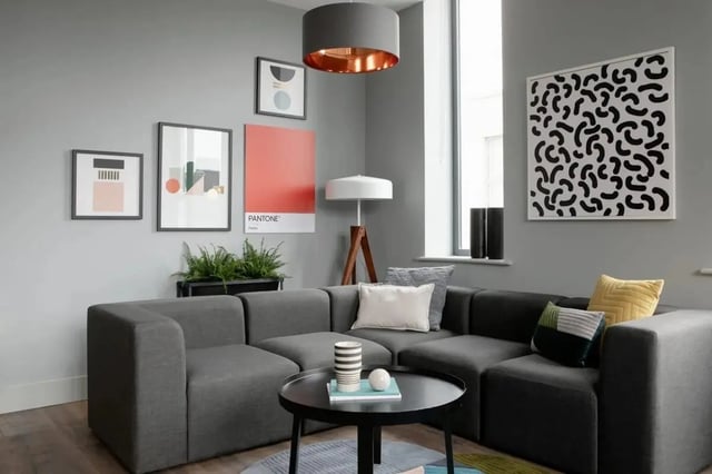 Gray sectional sofa with artwork and plants living room at Copley Court in Cork Student Accommodation