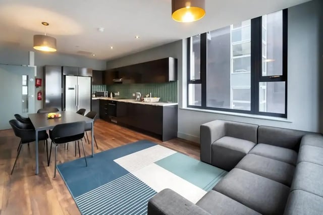 Kitchen dining area and living room living room at Copley Court in Cork Student Accommodation