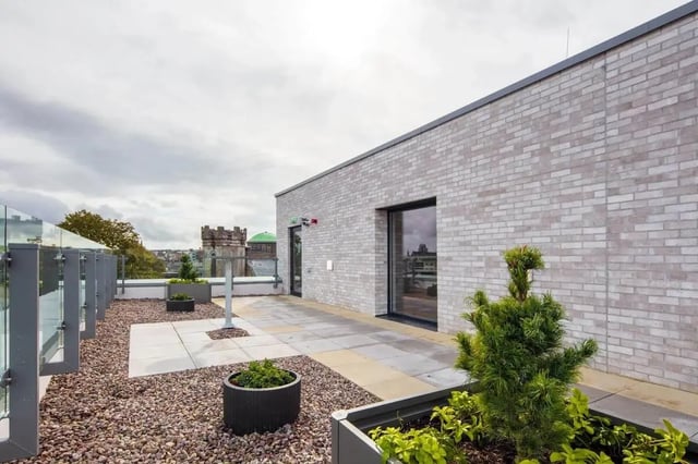 Rooftop patio with plants and city view exterior at Coleman Court in Cork Student Accommodation