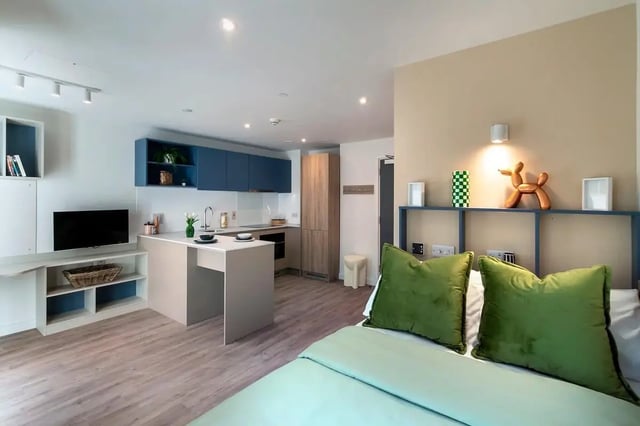 Bed with kitchen and TV student accommodation studio at The Artisan in Dublin Student Accommodation