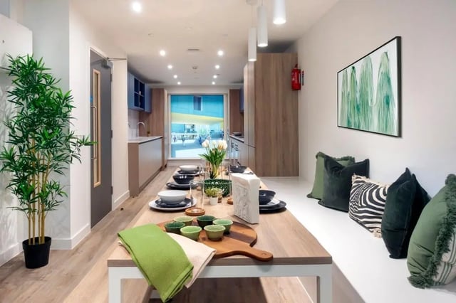 Dining table kitchen area with seating area at The Artisan in Dublin Student Accommodation