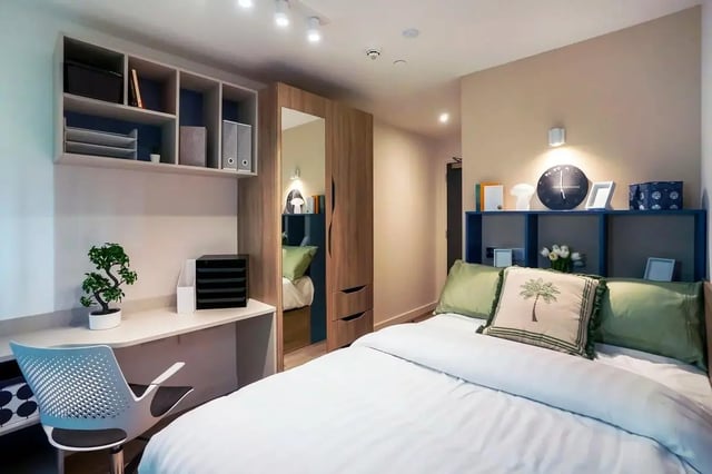 Bed desk shelves closet with mirror bedroom at The Artisan in Dublin Student Accommodation