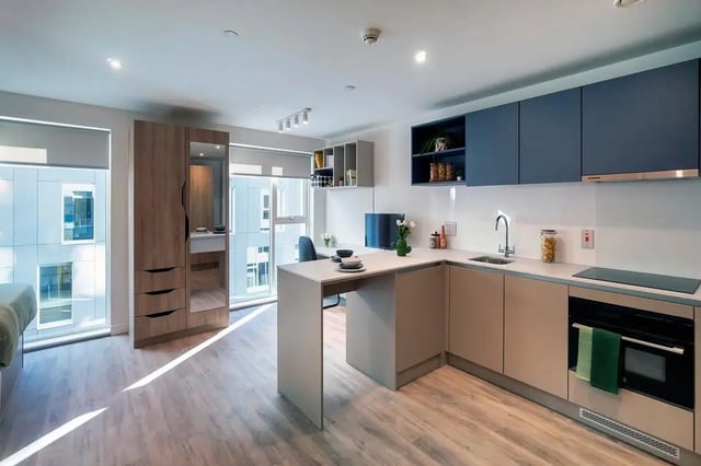 Modern studio kitchen with bed and wardrobe kitchen at The Artisan in Dublin Student Accommodation