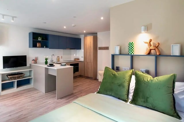 Bed kitchen TV area with desk living room at The Artisan in Dublin Student Accommodation