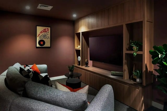 Sofa wall art television shelving and plants Living room at The Artisan in Dublin Student Accommodation
