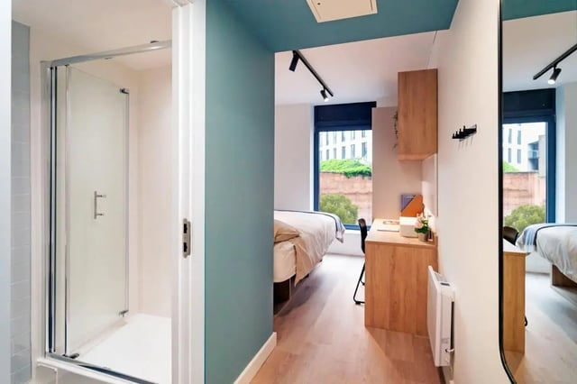 Shower bed desk with wall units bedroom at Bradbury Place in Belfast Student Accommodation