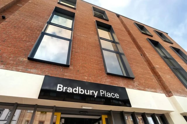 Bradbury Place building exterior with large windows at Bradbury Place in Belfast Student Accommodation