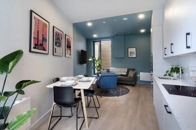 Dining table sofa kitchen cabinets living room kitchen at Stoneybatter Place in Dublin Student Accommodation