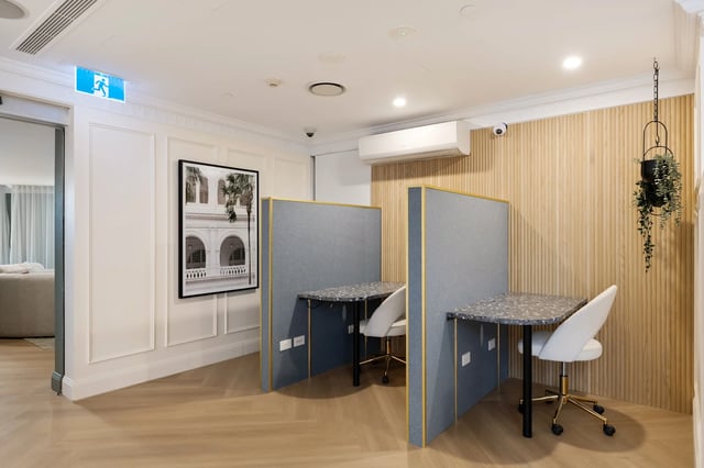 Two study pods with chairs and tables Study Area at UKO Potts Point in Sydney Student Accommodation