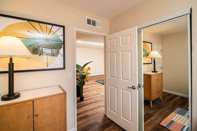 Modern hallway with artwork and furniture interior at Union on Bellevue in Tucson Student Accommodation