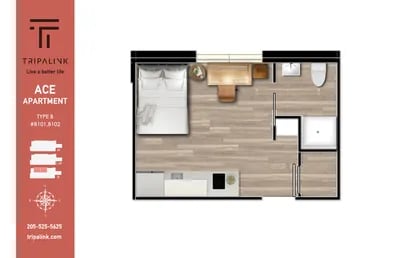 Bed desk kitchen bathroom floor plan floor plan at Ace Apartments in Seattle Student Accommodation