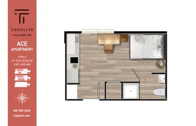 Floor plan with bed desk shower toilet kitchen living room at Ace Apartments in Seattle Student Accommodation