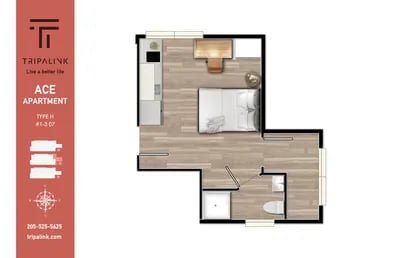 Floor plan with bed desk kitchen bathroom interior at Ace Apartments in Seattle Student Accommodation