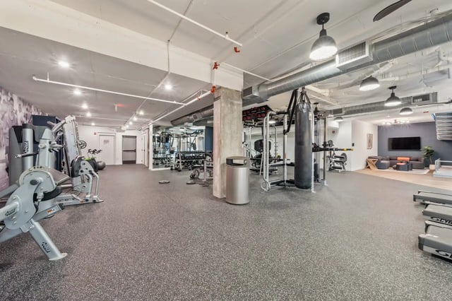 Gym equipment punching bag weight racks gym area at The Villas at San Gabriel in Austin Student Accommodation