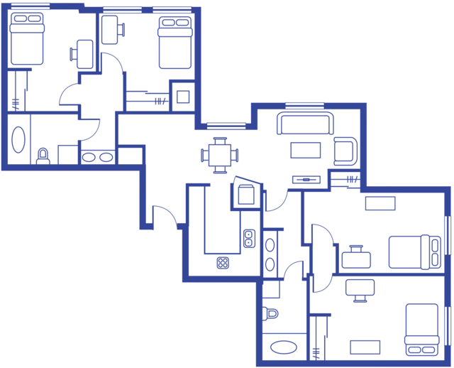 Floor plan with rooms beds kitchen and living space floor plan at A University View in Tallahassee Student Accommodation