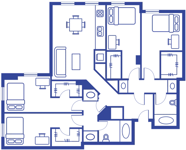 Floor plan showing bedrooms living room and kitchen Floor plan at A University View in Tallahassee Student Accommodation