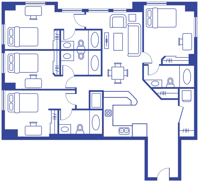 Three bedrooms study area kitchen living room floor plan at A University View in Tallahassee Student Accommodation