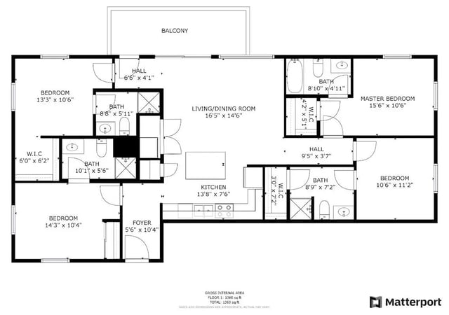 Floor plan showing three bedrooms living kitchen baths exterior at The Bradford in Tempe Student Accommodation
