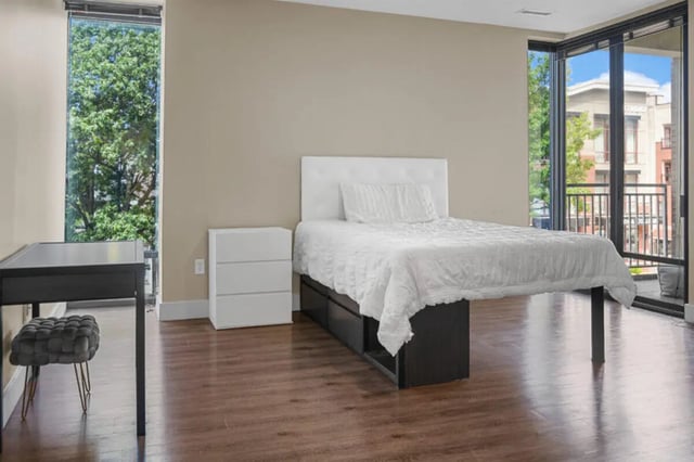 Bed desk and nightstand bedroom at 10 North in Bloomington Student Accommodation