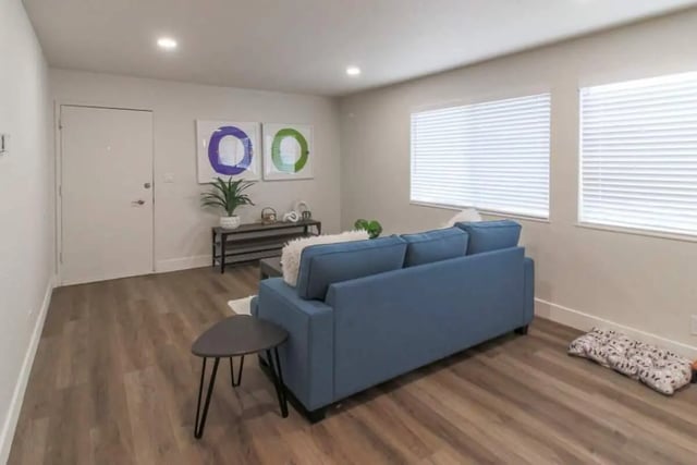 Blue sofa plant art on wall living room at Aero Apartments in Davis Student Accommodation