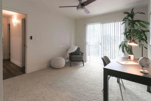 Desk chair pouf and chair study area at Aero Apartments in Davis Student Accommodation