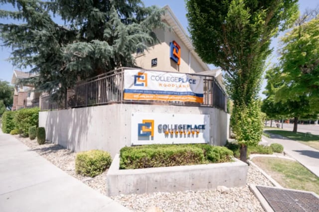 College Place Woodland sign building exterior at CollegePlace Woodland in Provo Student Accommodation
