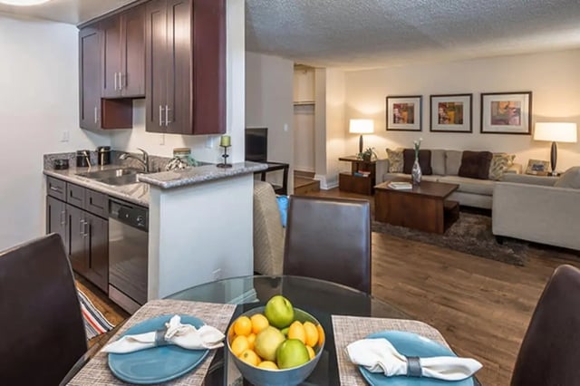 Kitchen dining area and living room. at Ariel Court in Los Angeles Student Accommodation