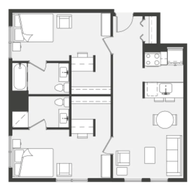 Two beds two bathrooms kitchen living area floor plan at Collegetown Terrace Apartments in Ithaca Student Accommodation