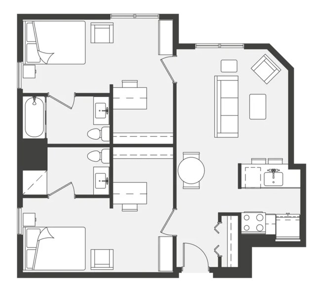Two bedrooms two baths living area and kitchen floor plan at Collegetown Terrace Apartments in Ithaca Student Accommodation