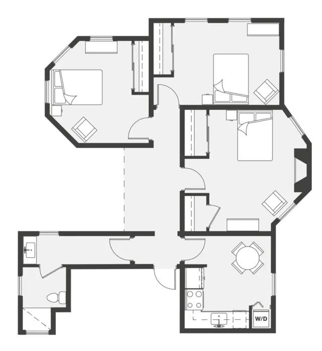 Floor plan showing two bedrooms kitchen bathroom living room exterior at Collegetown Terrace Apartments in Ithaca Student Accommodation