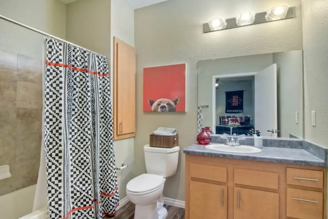 Toilet shower curtain sink vanity bathroom at 5025 apartments in San Diego Student Accommodation