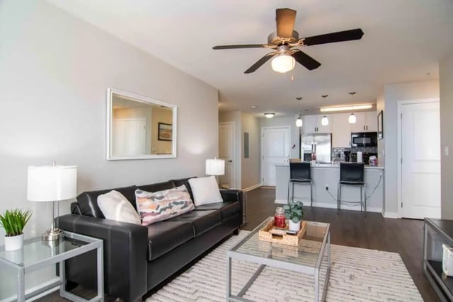 Black leather sofa coffee table fan kitchen living room at The Flats At Carrs Hill in Athens Student Accommodation