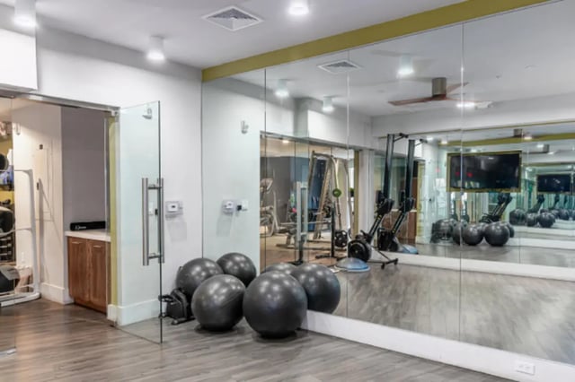 Fitness balls and equipment gym at College and Crown Apartments in New Haven Student Accommodation