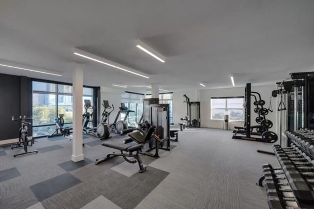 Gym equipment including treadmills and weights gym at Noble 2500 in Austin Student Accommodation