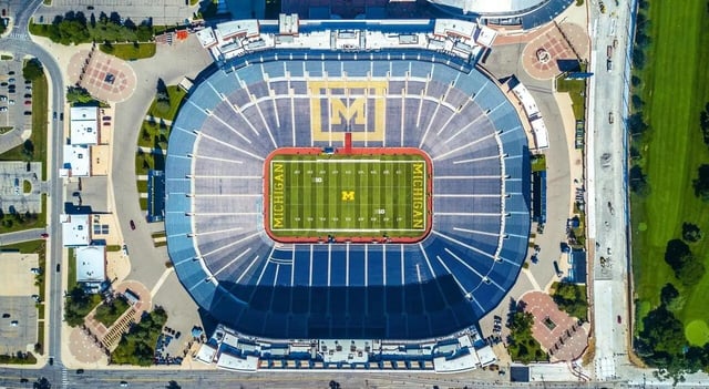 Aerial view of Michigan Stadium interior playing field exterior at Sterling Arbor Blu in Ann Arbor Student Accommodation