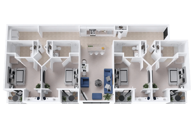 Four bedrooms living area kitchen apartment layout at Campus Communities - College Town Apartments in Big Rapids Student Accommodation