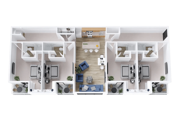 Two bedrooms bathrooms kitchen living area exterior at Campus Communities - College Town Apartments in Big Rapids Student Accommodation