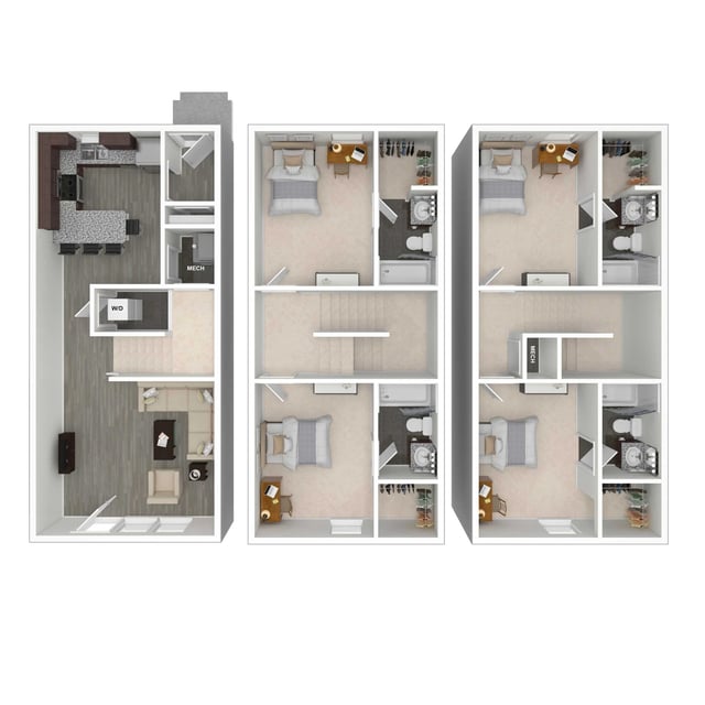 Kitchen living room bedrooms bathrooms and laundry room layout at Arlington Cottages and Townhomes in Baton Rouge Student Accommodation