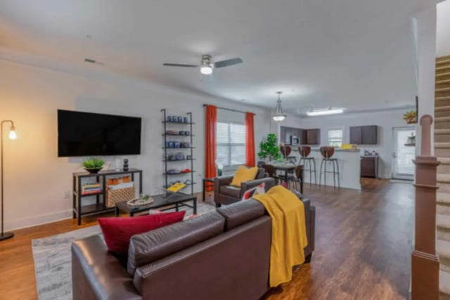 Brown leather sofas kitchen and dining area living room at Brexx at Blacksburg in Blacksburg Student Accommodation