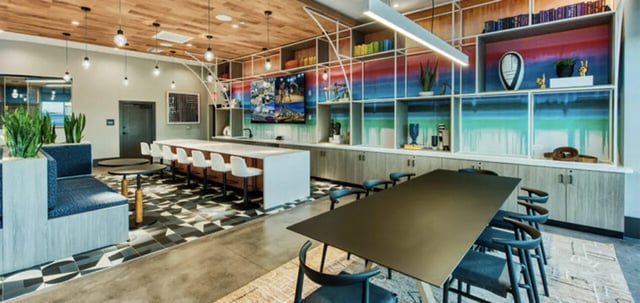 Sofa bar seating tables and shelves communal area at Canvas in Tempe Student Accommodation