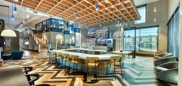 Bar with stools and lounge seating communal area at Canvas in Tempe Student Accommodation