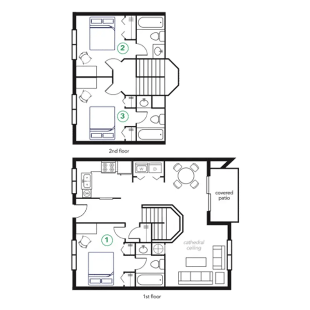 Two floor plans with bedrooms and bathrooms Floor plan at The Townhomes At River Club in Athens Student Accommodation
