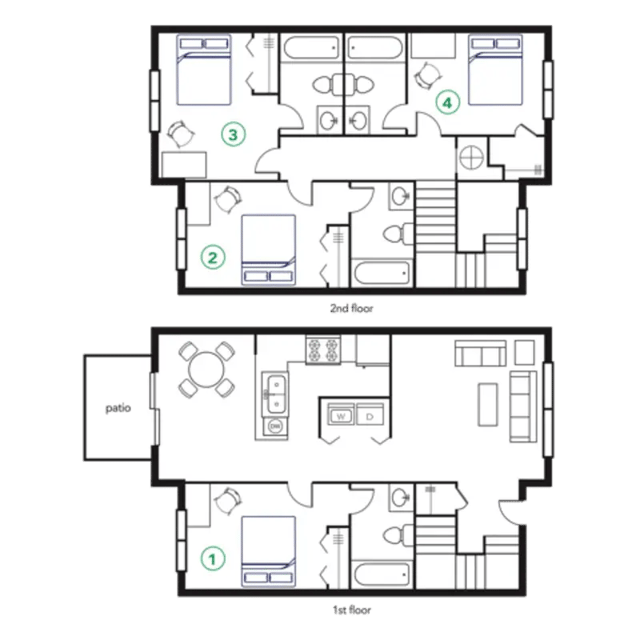 Floor plan with four bedrooms patio and kitchen floor plan at The Townhomes At River Club in Athens Student Accommodation