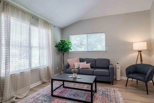 Gray sofa coffee table plant living room at The Townhomes At River Club in Athens Student Accommodation